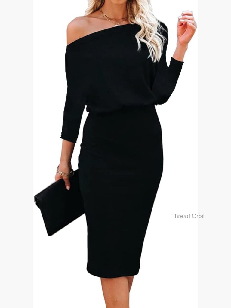 Off Shoulder 3/4 Sleeve Batwing Wrap Pencil Party Bodycon Midi Dress Loose